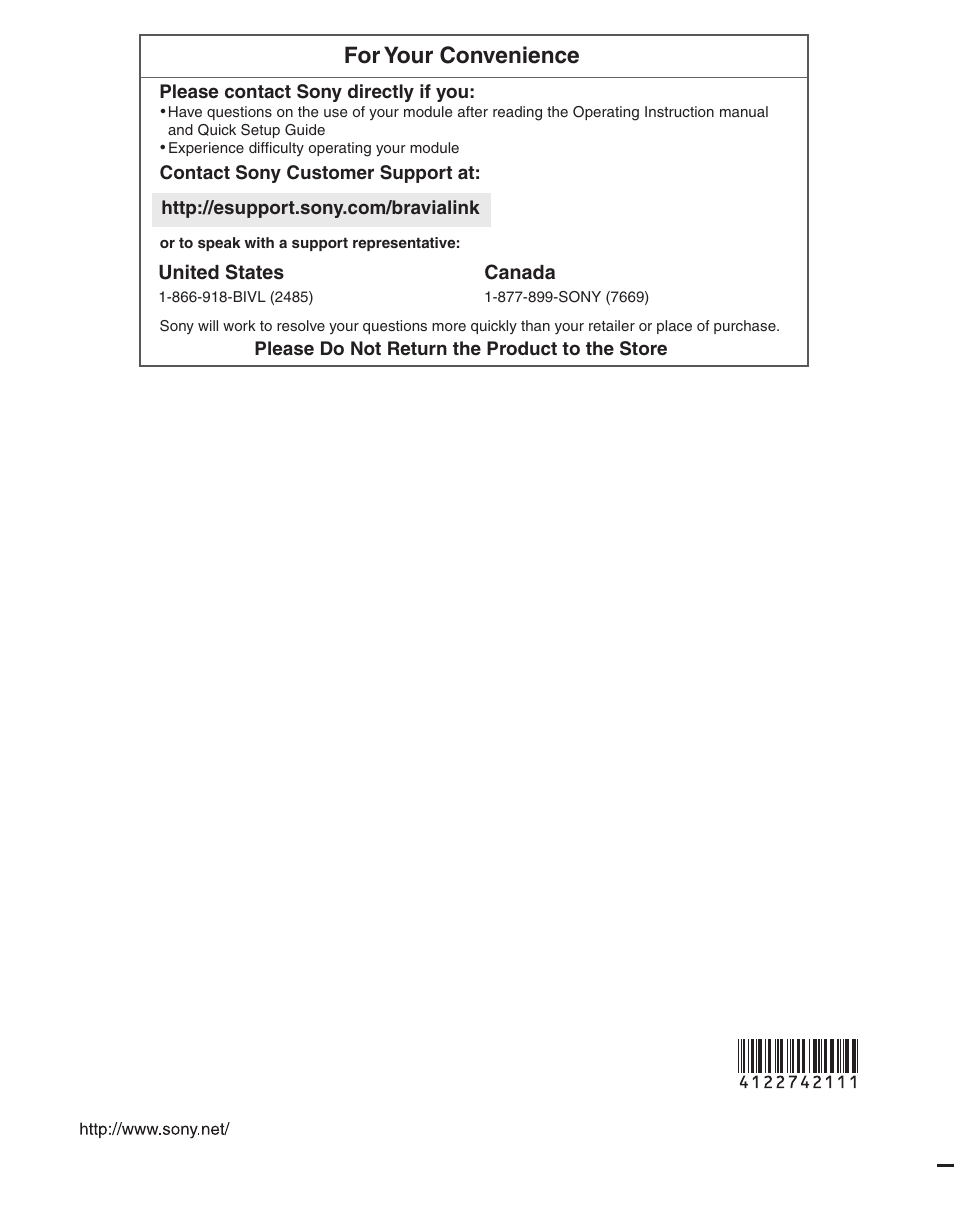 For your convenience, United states, Canada | Sony KDL-40WL140 User Manual | Page 48 / 48