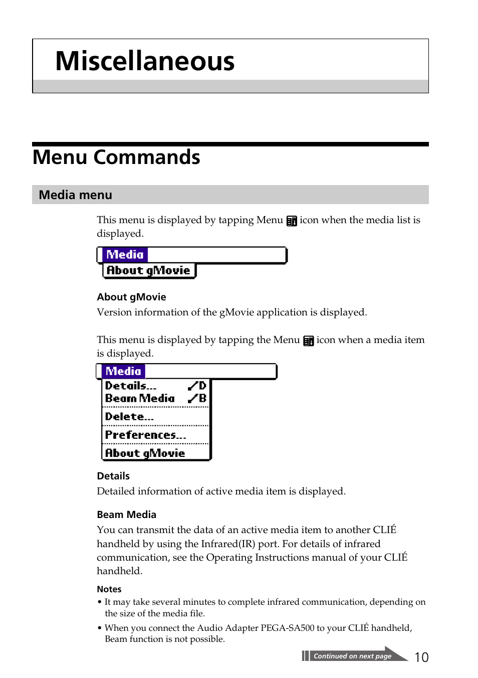 Miscellaneous, Menu commands, Media menu | Sony PEGA-SA500 User Manual | Page 10 / 17