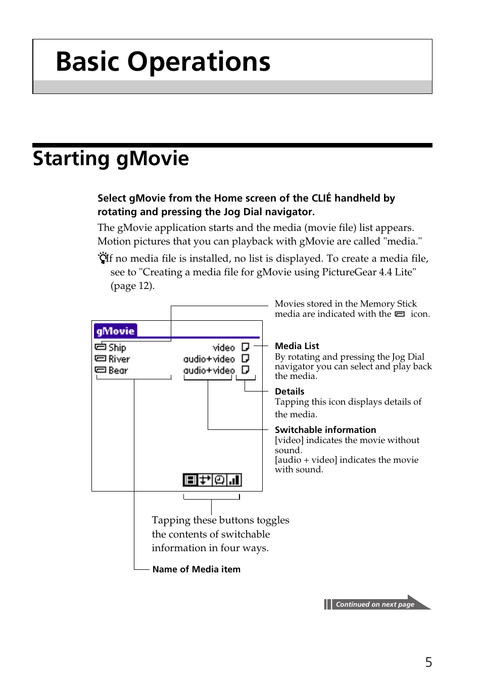 Basic operations, Starting gmovie | Sony PEGA-SA500 User Manual | Page 5 / 17