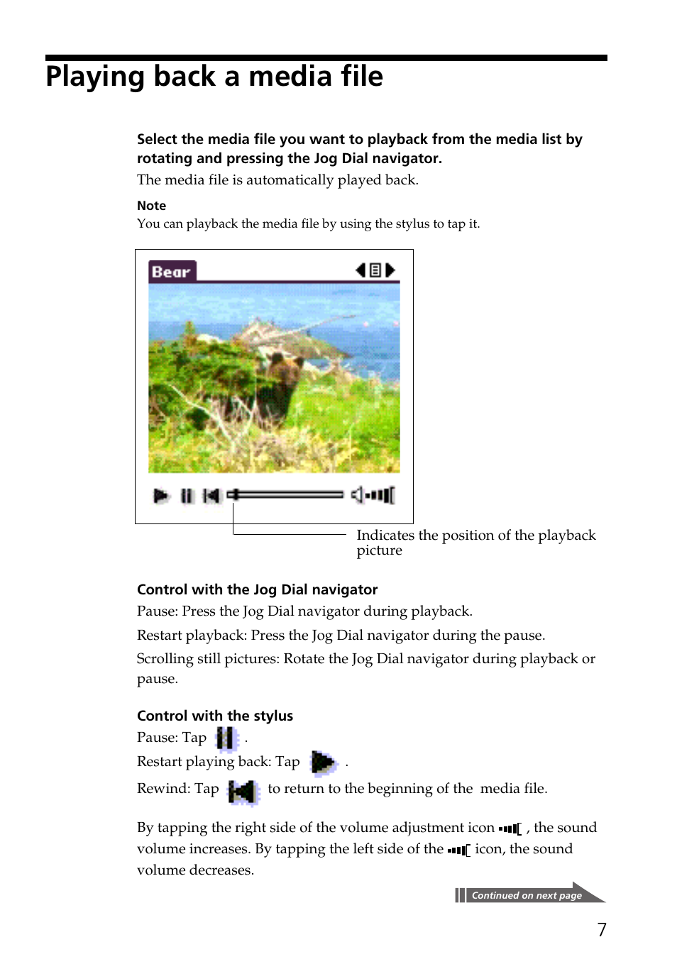 Playing back a media file | Sony PEGA-SA500 User Manual | Page 7 / 17