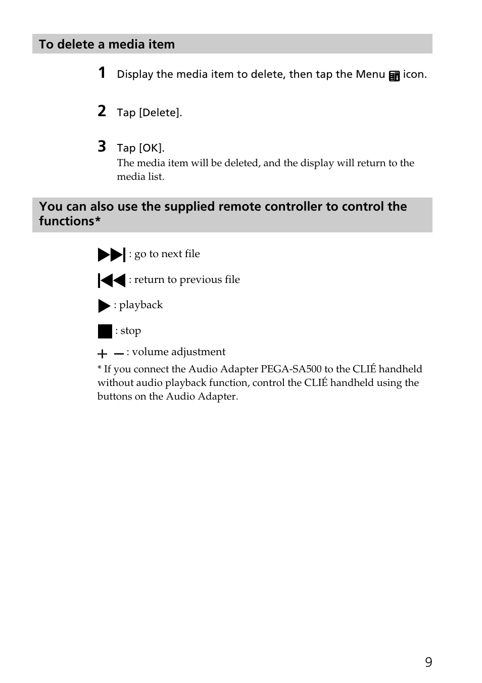 To delete a media item, Functions | Sony PEGA-SA500 User Manual | Page 9 / 17