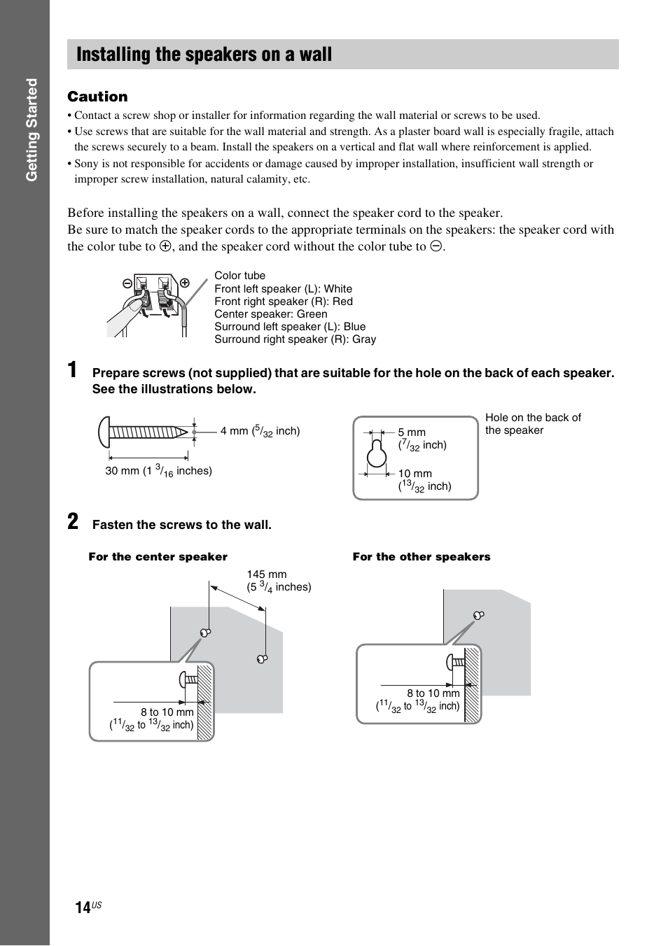 Installing the speakers on a wall, Gettin g star ted caution | Sony DAV-HDX287WC User Manual | Page 14 / 100