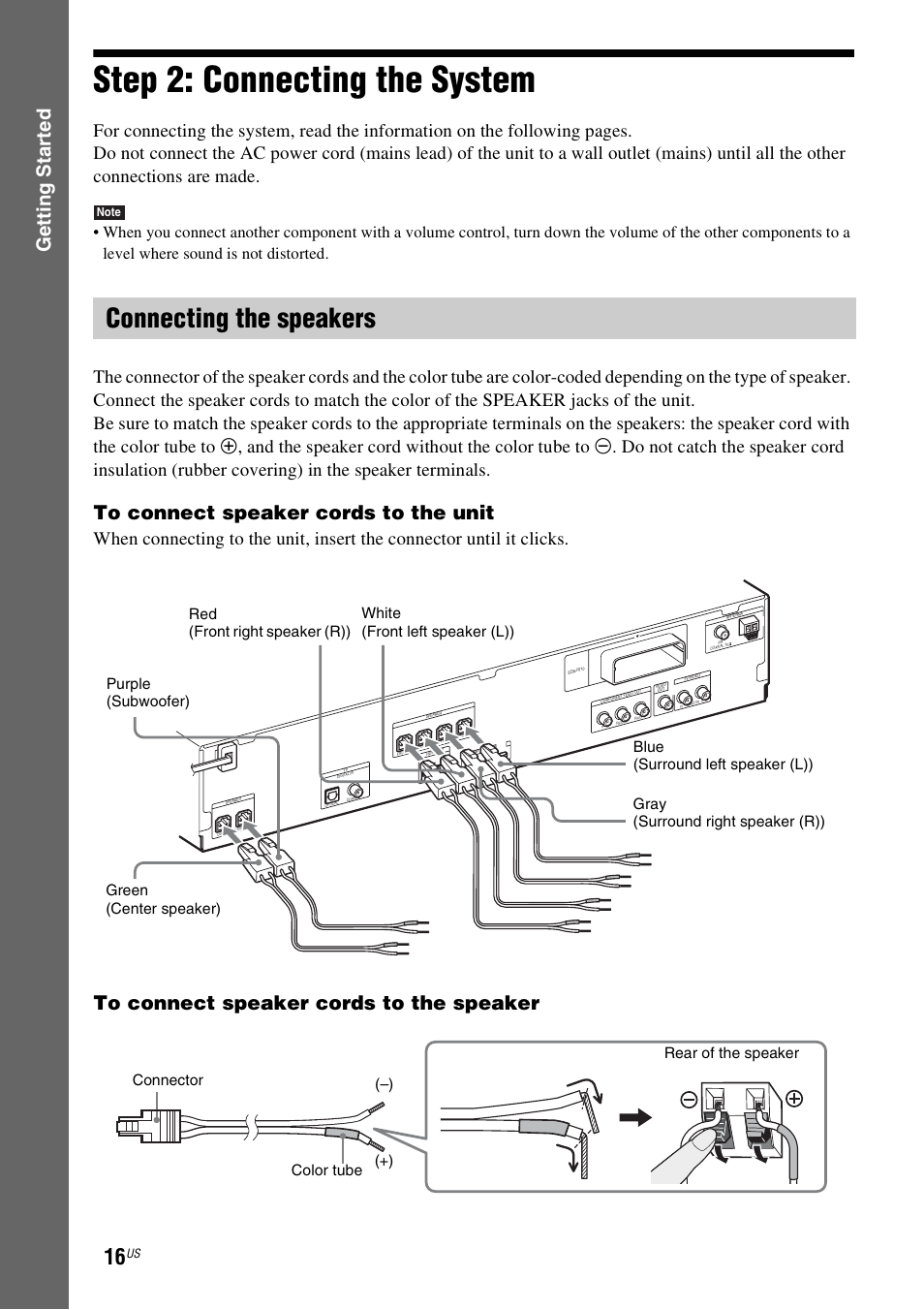 Step 2: connecting the system, Connecting the speakers, Gettin g star ted | Sony DAV-HDX287WC User Manual | Page 16 / 100