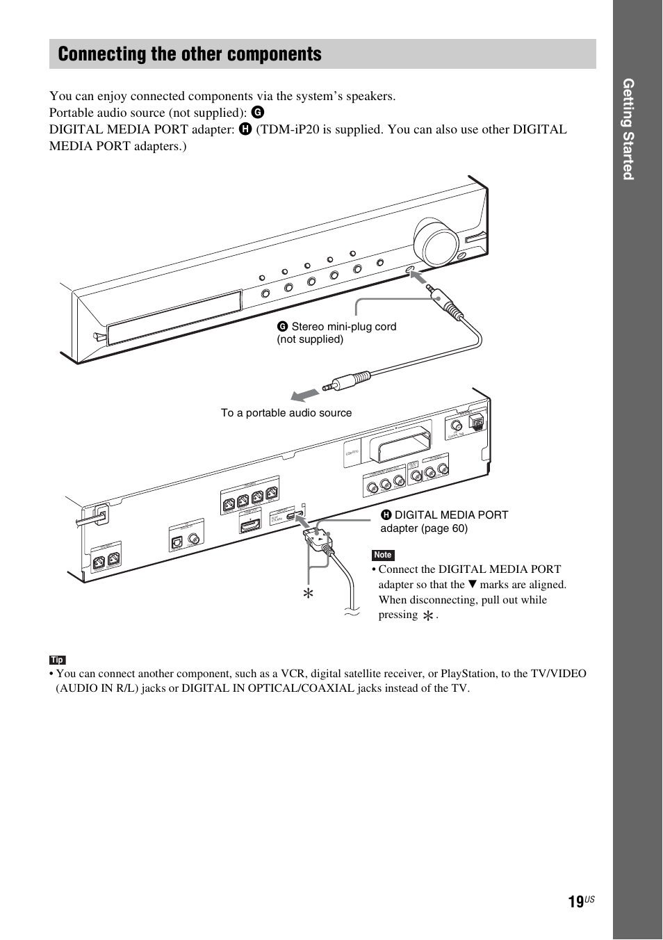 Connecting the other components, Ge tting star te d | Sony DAV-HDX287WC User Manual | Page 19 / 100