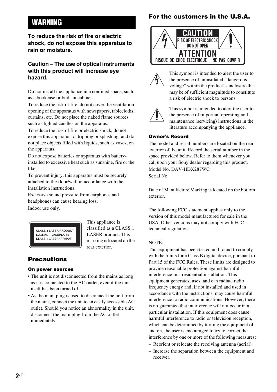 Warning | Sony DAV-HDX287WC User Manual | Page 2 / 100