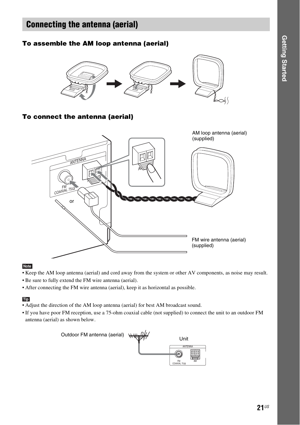 Connecting the antenna (aerial) | Sony DAV-HDX287WC User Manual | Page 21 / 100