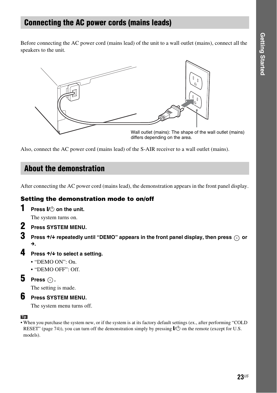 Connecting the ac power cords (mains leads), About the demonstration | Sony DAV-HDX287WC User Manual | Page 23 / 100