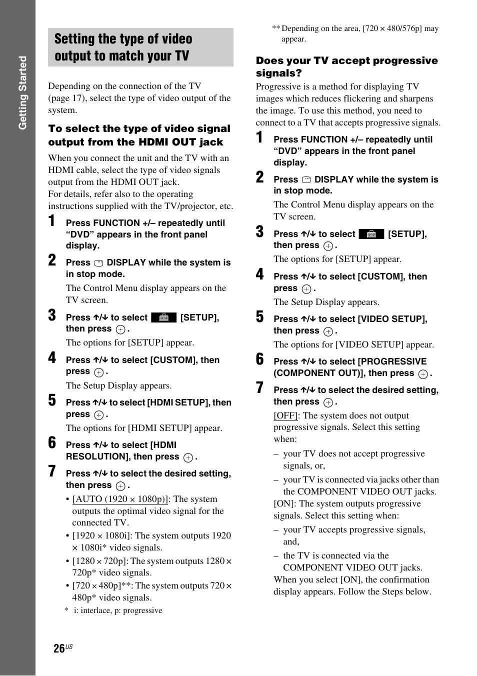 Setting the type of video output to match your tv | Sony DAV-HDX287WC User Manual | Page 26 / 100