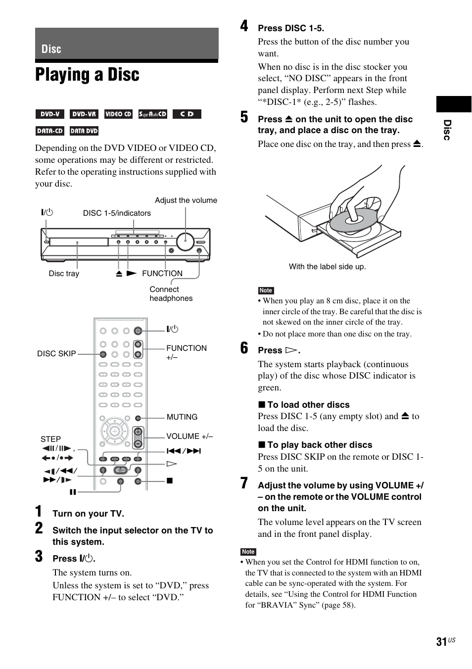 Disc, Playing a disc | Sony DAV-HDX287WC User Manual | Page 31 / 100