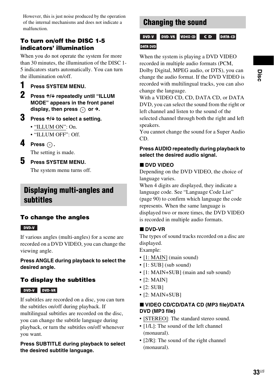Displaying multi-angles and subtitles, Changing the sound | Sony DAV-HDX287WC User Manual | Page 33 / 100