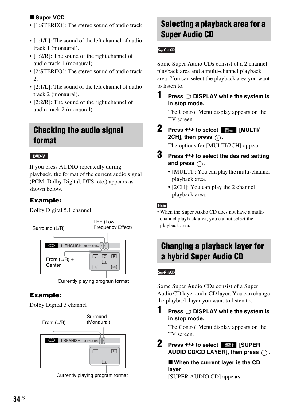Checking the audio signal format, Selecting a playback area for a super audio cd | Sony DAV-HDX287WC User Manual | Page 34 / 100
