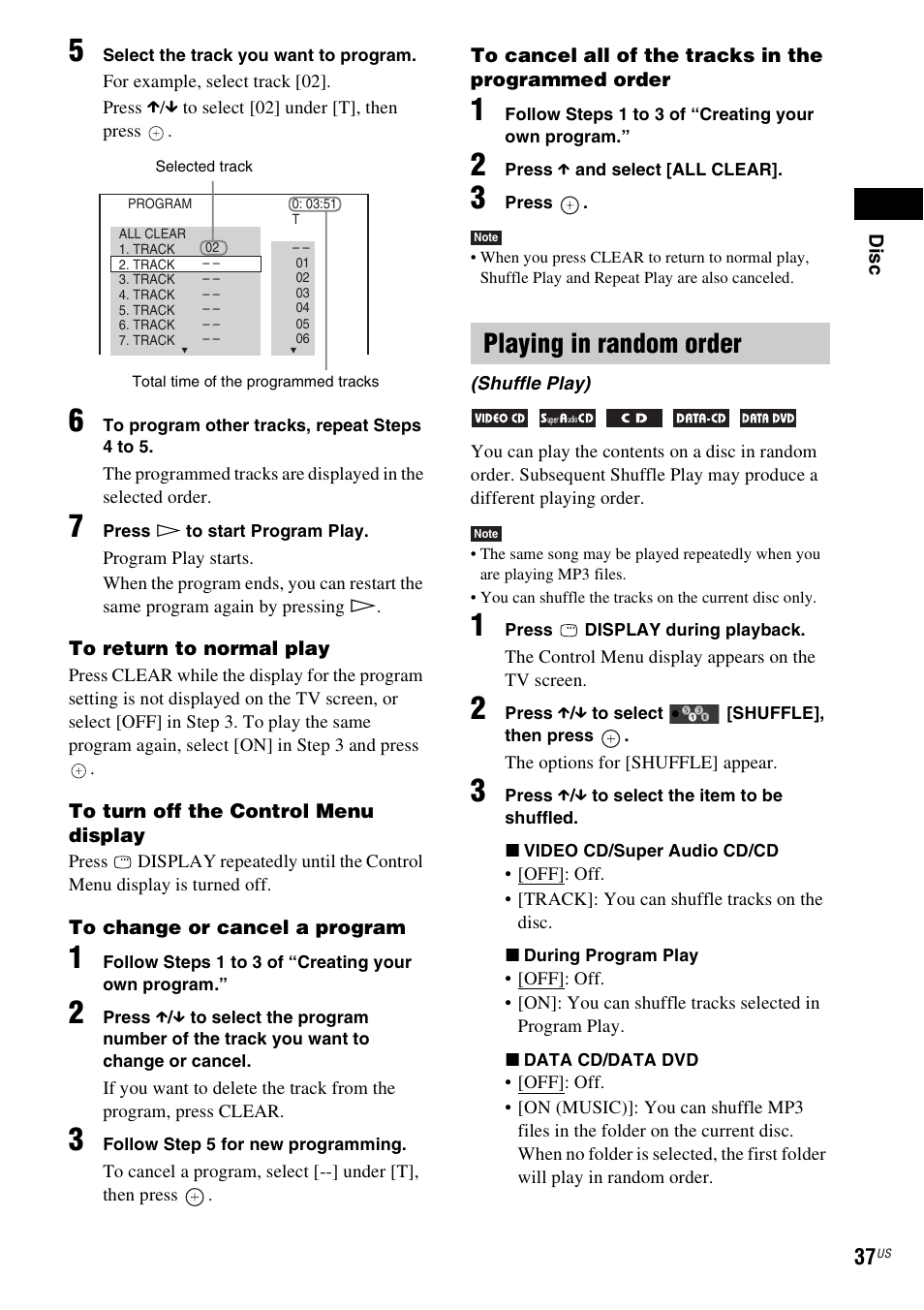 Playing in random order | Sony DAV-HDX287WC User Manual | Page 37 / 100