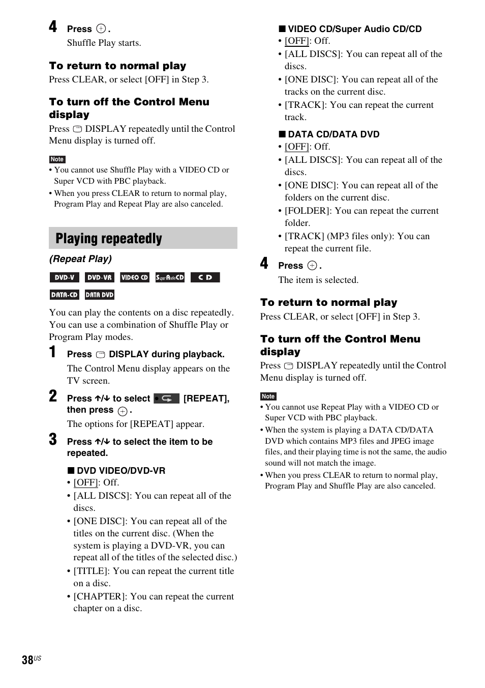 Playing repeatedly | Sony DAV-HDX287WC User Manual | Page 38 / 100
