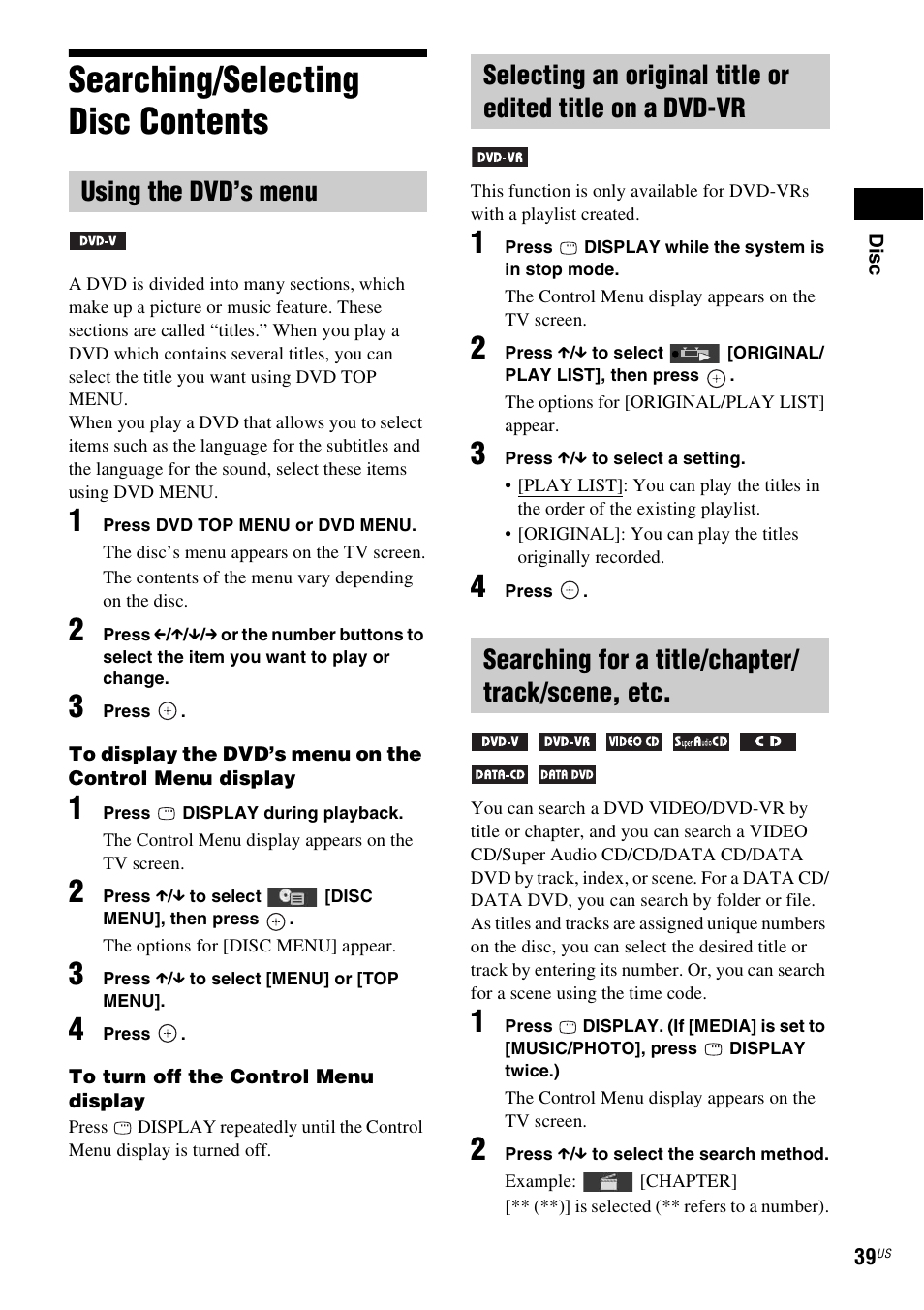 Searching/selecting disc contents, Using the dvd’s menu, Searching for a title/chapter/ track/scene, etc | Sony DAV-HDX287WC User Manual | Page 39 / 100
