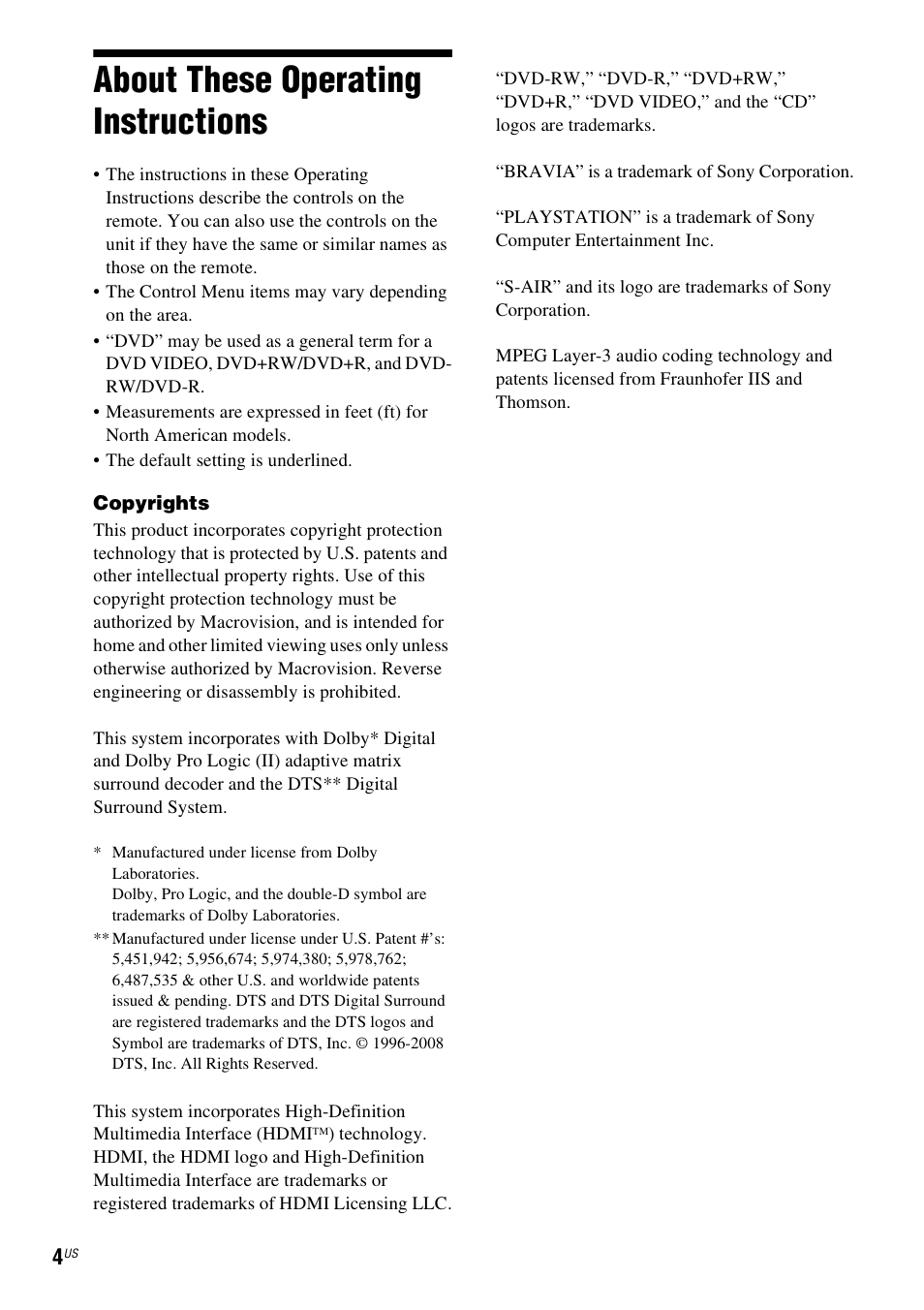 About these operating instructions | Sony DAV-HDX287WC User Manual | Page 4 / 100