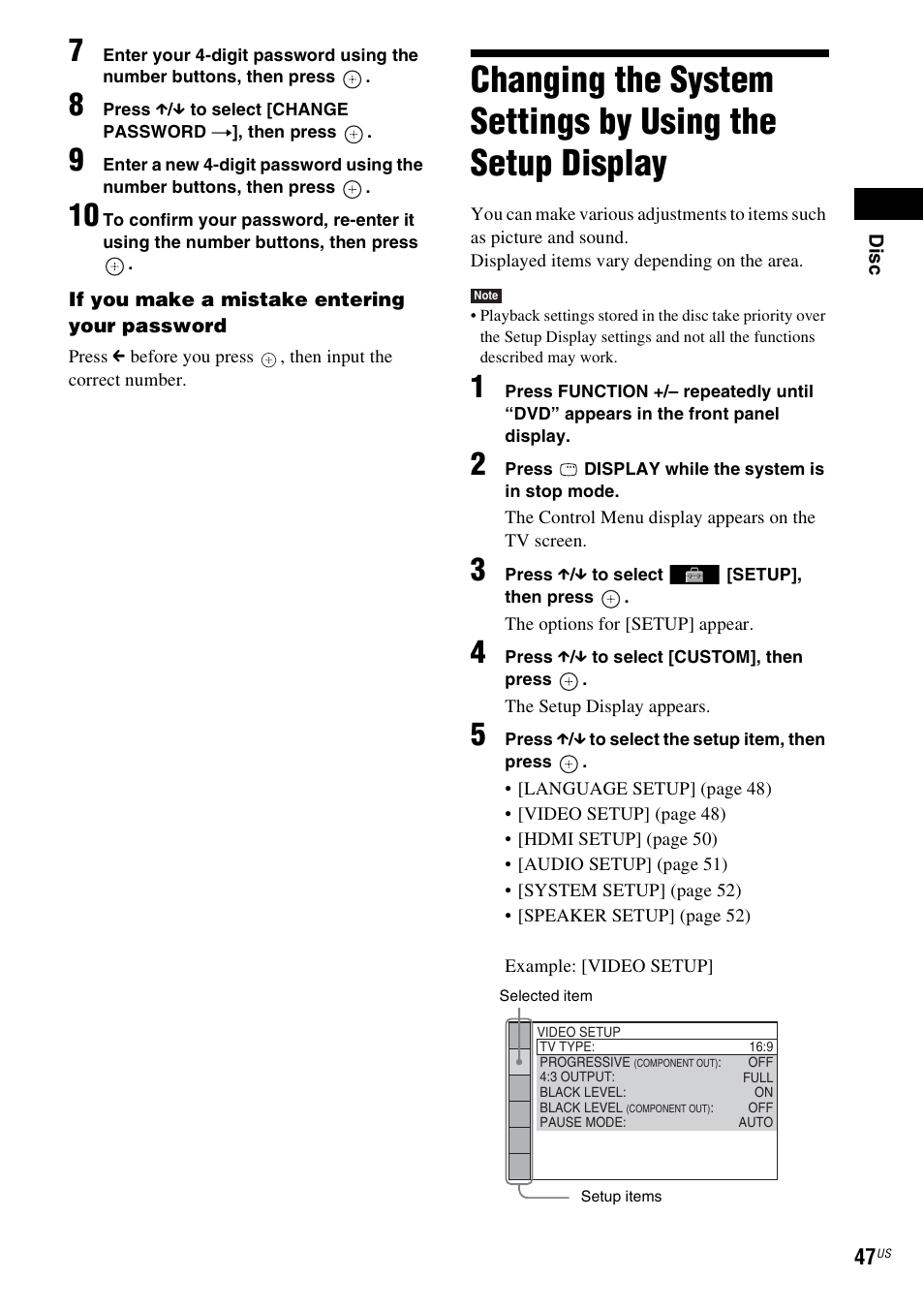 Changing the system settings by using, The setup display | Sony DAV-HDX287WC User Manual | Page 47 / 100