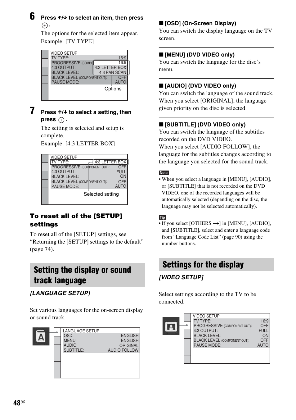 Setting the display or sound track language, Settings for the display, You can switch the language for the disc’s menu | Language setup, Video setup | Sony DAV-HDX287WC User Manual | Page 48 / 100