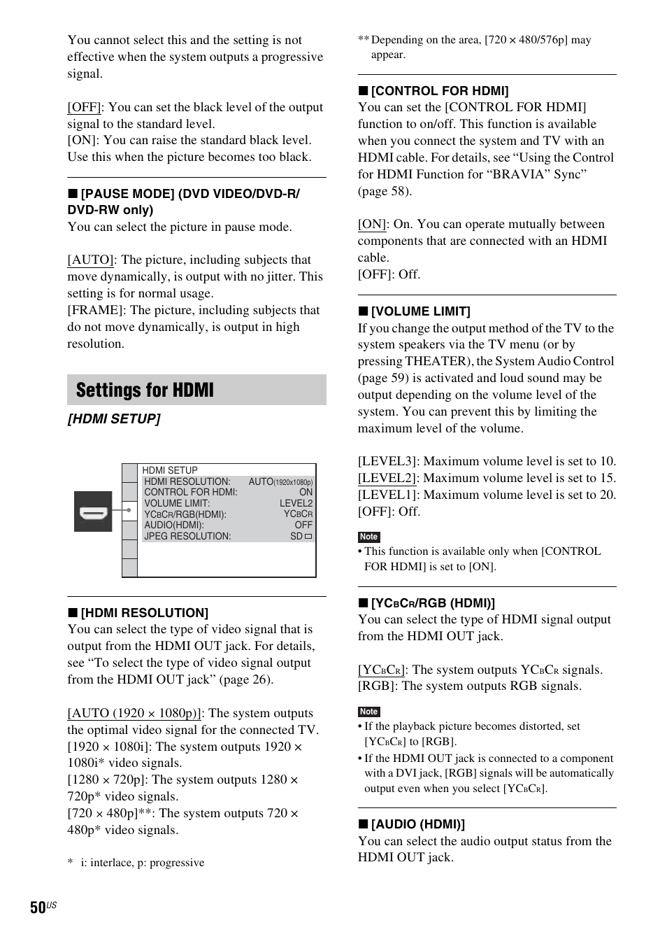 Settings for hdmi | Sony DAV-HDX287WC User Manual | Page 50 / 100