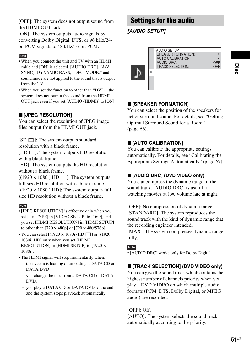 Settings for the audio | Sony DAV-HDX287WC User Manual | Page 51 / 100
