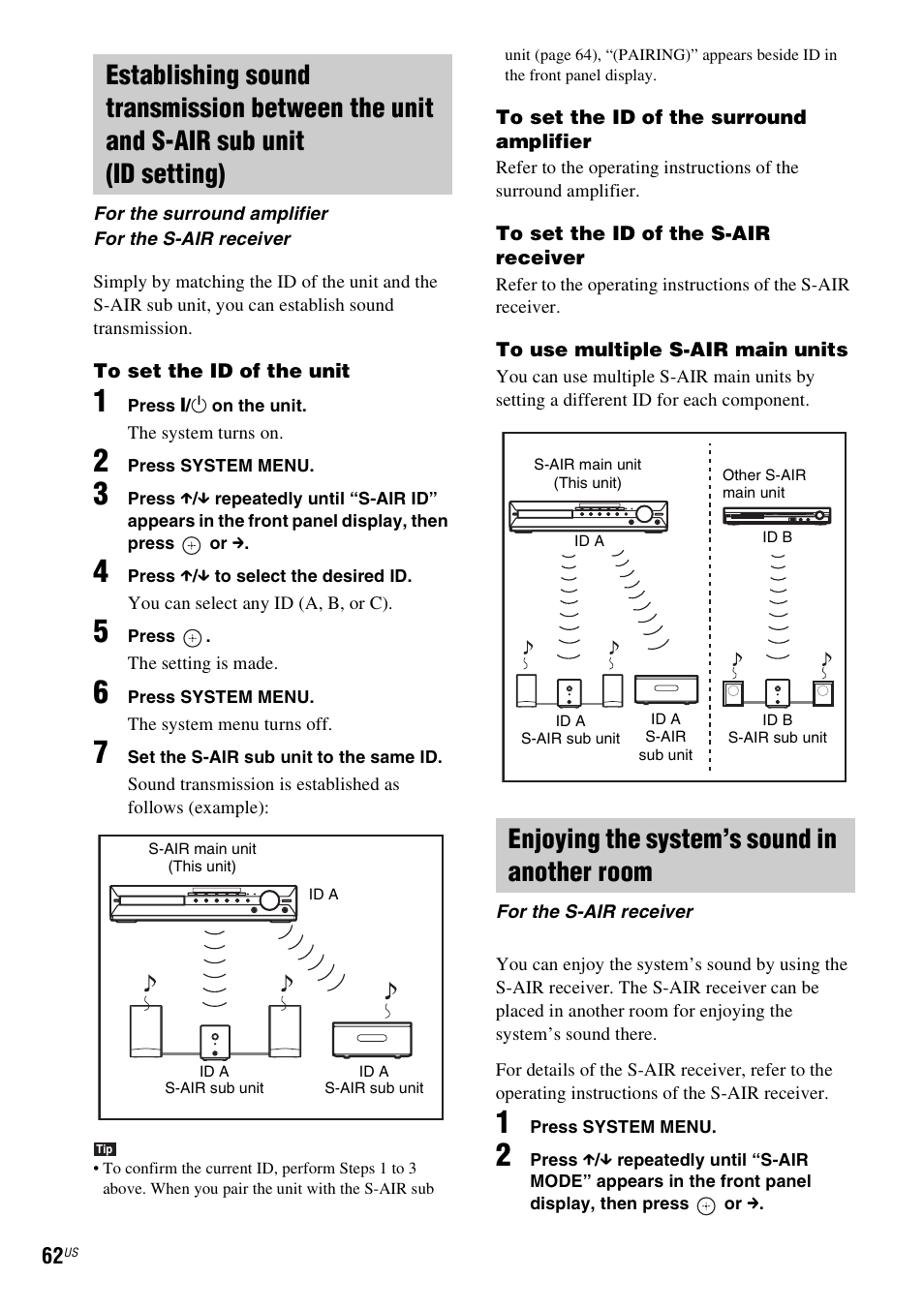 Enjoying the system’s sound in another room | Sony DAV-HDX287WC User Manual | Page 62 / 100