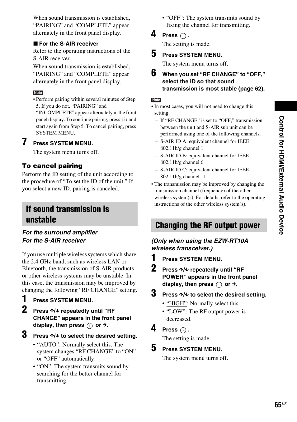 If sound transmission is unstable, Changing the rf output power | Sony DAV-HDX287WC User Manual | Page 65 / 100