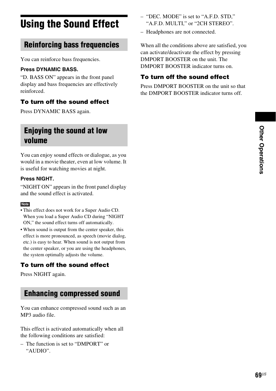 Using the sound effect, Reinforcing bass frequencies, Enjoying the sound at low volume | Enhancing compressed sound | Sony DAV-HDX287WC User Manual | Page 69 / 100