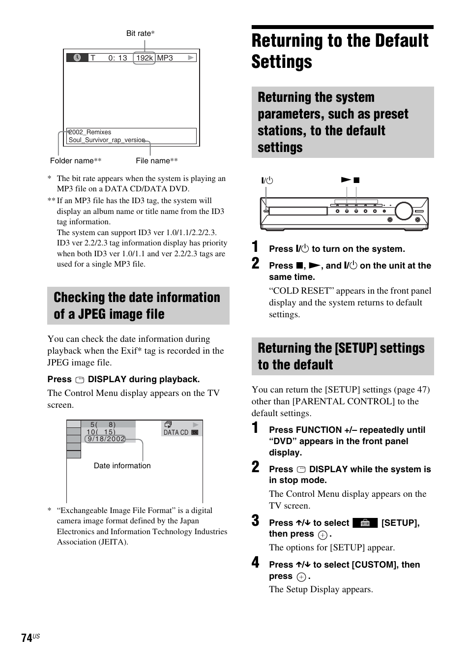 Checking the date information of a jpeg image file, Returning to the default settings, Returning the [setup] settings to the default | Sony DAV-HDX287WC User Manual | Page 74 / 100