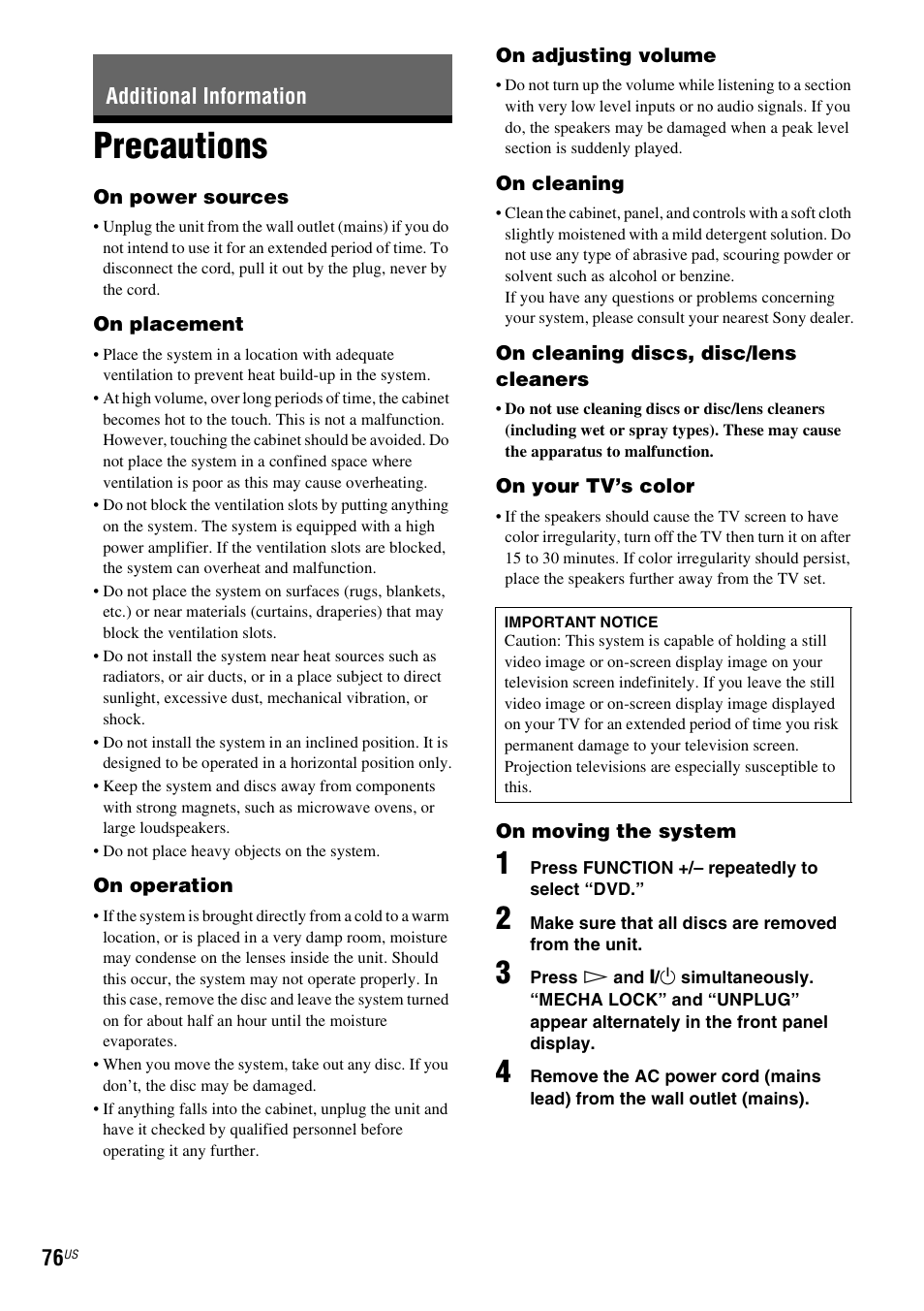 Additional information, Precautions | Sony DAV-HDX287WC User Manual | Page 76 / 100