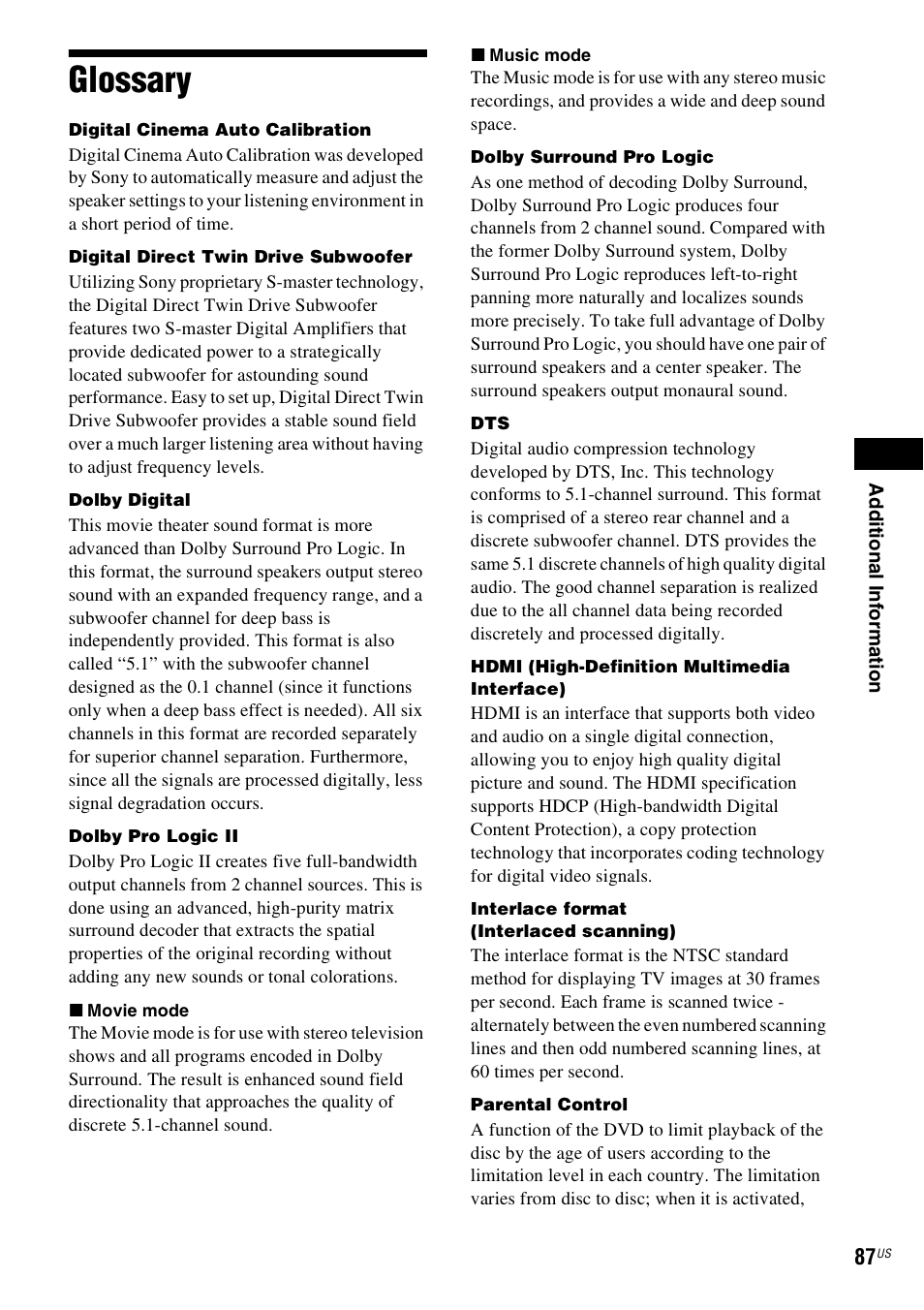 Glossary | Sony DAV-HDX287WC User Manual | Page 87 / 100