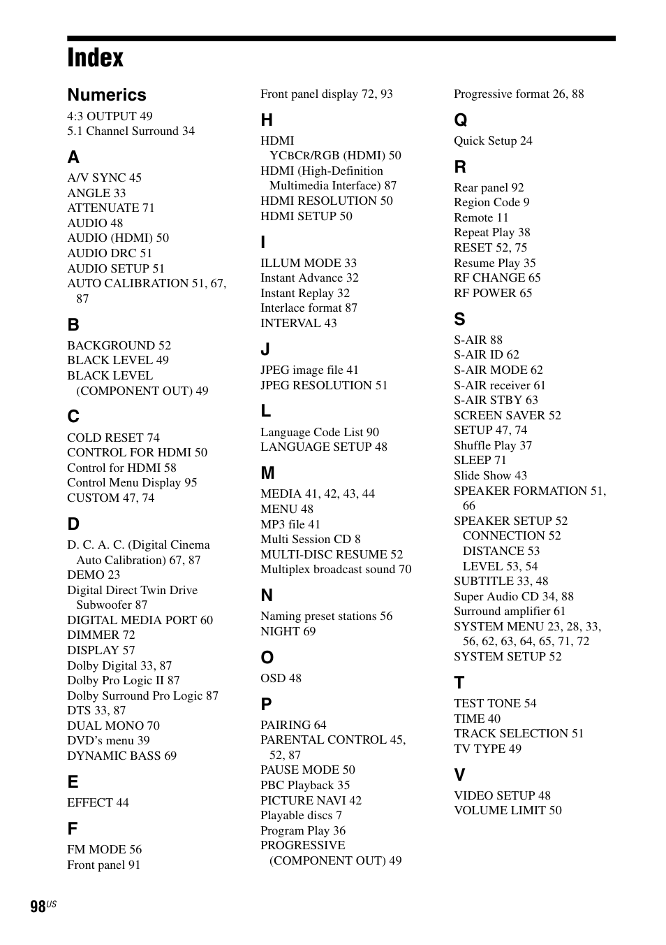 Index, Numerics | Sony DAV-HDX287WC User Manual | Page 98 / 100