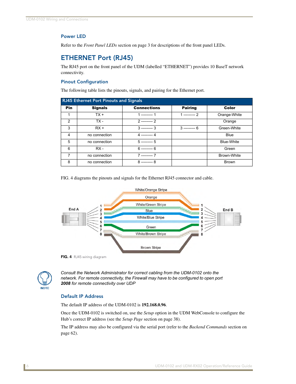 Power led, Ethernet port (rj45), Pinout configuration | Default ip address | AMX UDM-0102 User Manual | Page 18 / 82