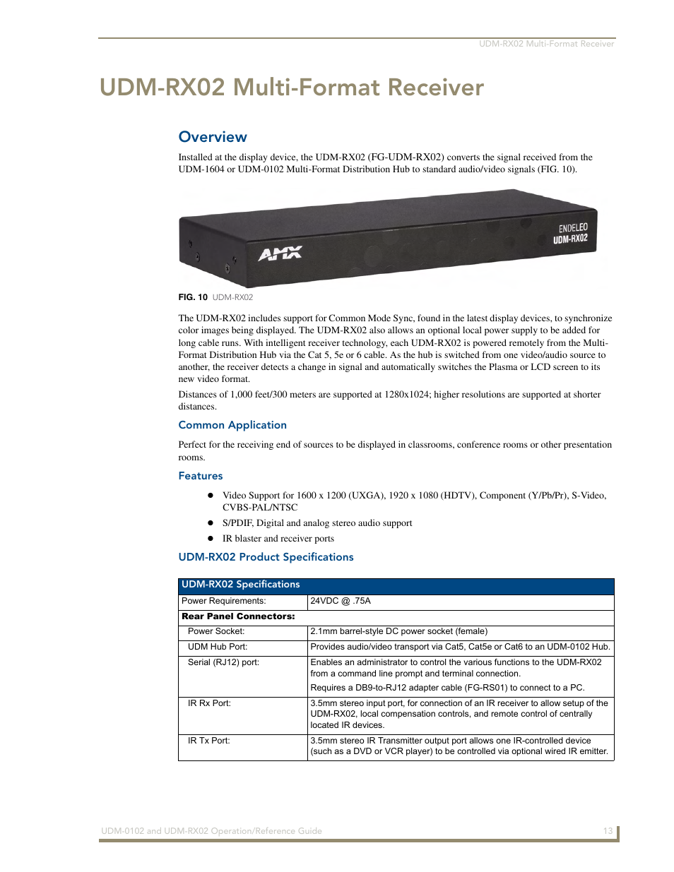Udm-rx02 multi-format receiver, Overview, Common application | Features, Udm-rx02 product specifications | AMX UDM-0102 User Manual | Page 25 / 82