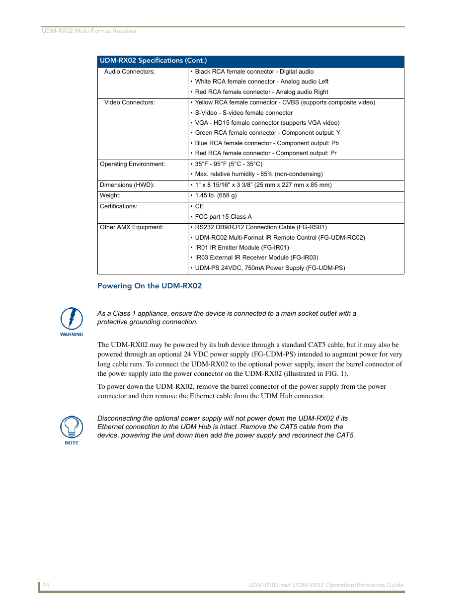 Powering on the udm-rx02 | AMX UDM-0102 User Manual | Page 26 / 82