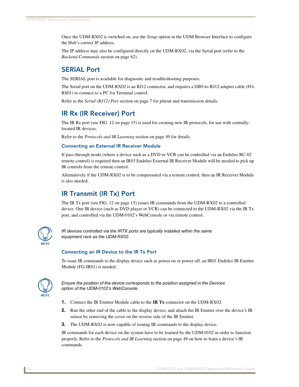 Serial port, Ir rx (ir receiver) port, Connecting an external ir receiver module | Ir transmit (ir tx) port, Connecting an ir device to the ir tx port | AMX UDM-0102 User Manual | Page 28 / 82