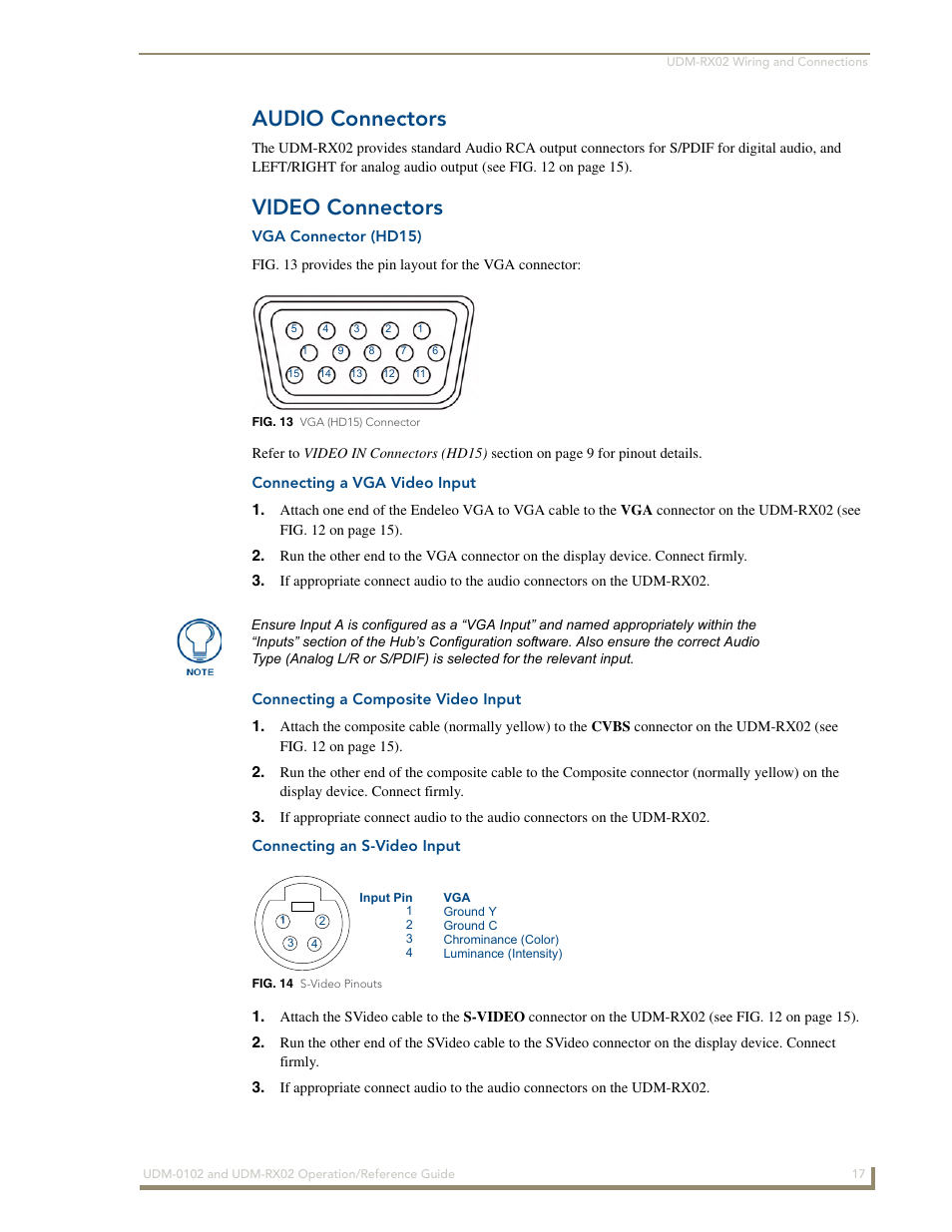Audio connectors, Video connectors, Vga connector (hd15) | Connecting a vga video input, Connecting a composite video input, Connecting an s-video input | AMX UDM-0102 User Manual | Page 29 / 82