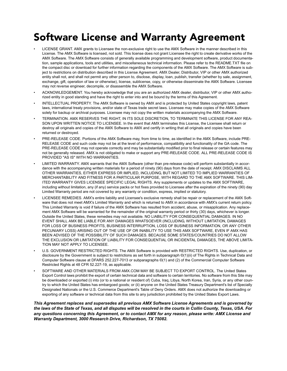 Software license and warranty agreement | AMX UDM-0102 User Manual | Page 3 / 82