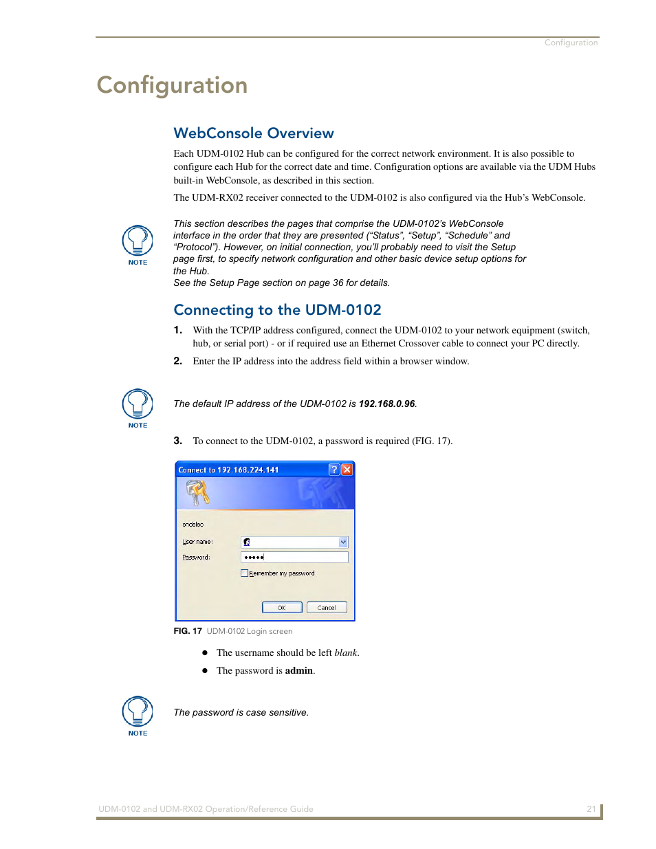 Configuration, Webconsole overview, Connecting to the udm-0102 | AMX UDM-0102 User Manual | Page 33 / 82