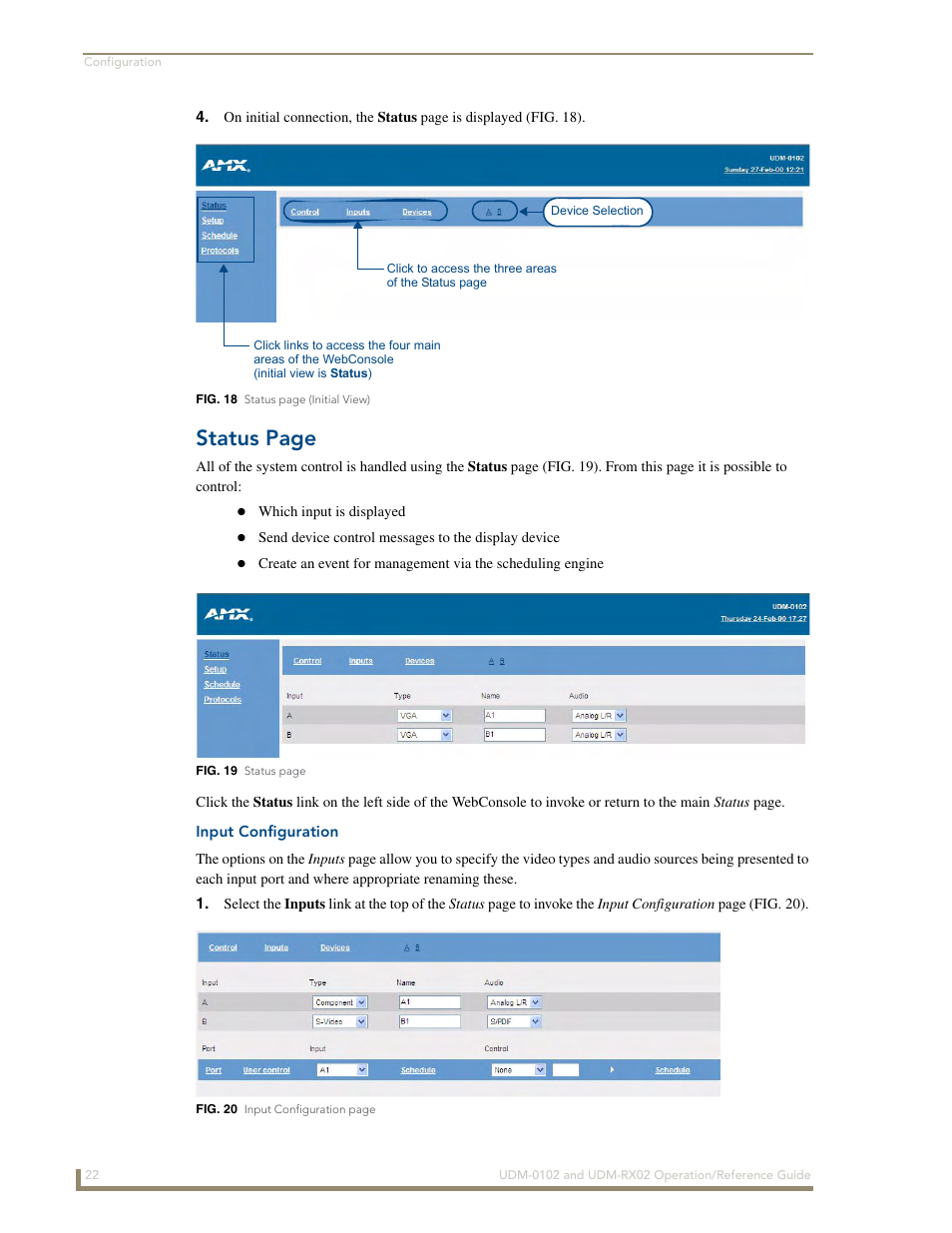 Input configuration, Status page | AMX UDM-0102 User Manual | Page 34 / 82