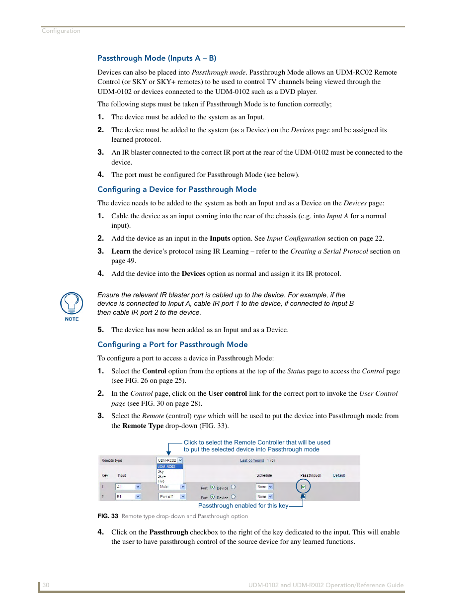 Passthrough mode (inputs a – b), Configuring a device for passthrough mode, Configuring a port for passthrough mode | AMX UDM-0102 User Manual | Page 42 / 82