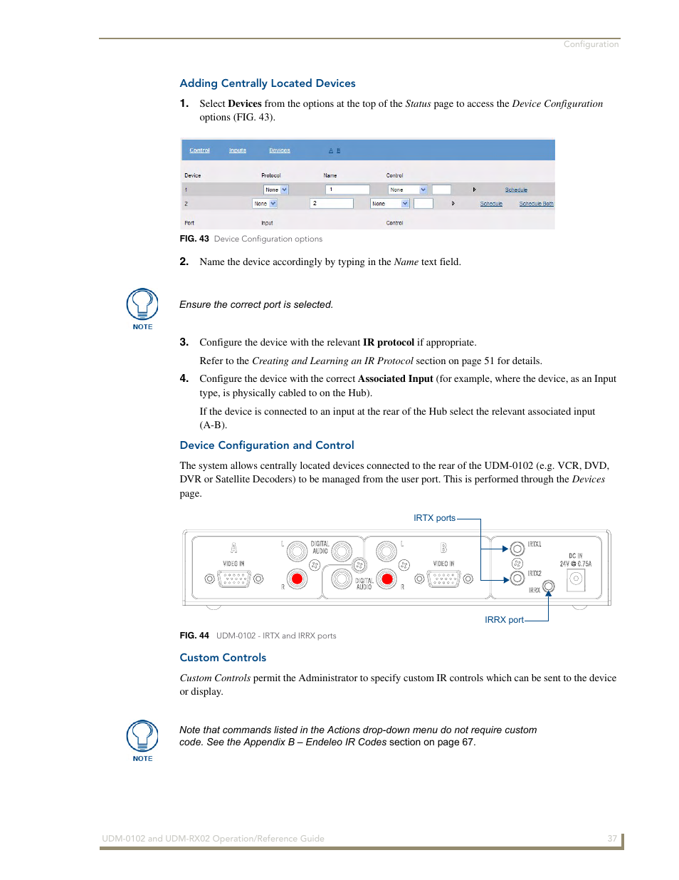 Adding centrally located devices, Device configuration and control, Custom controls | AMX UDM-0102 User Manual | Page 49 / 82