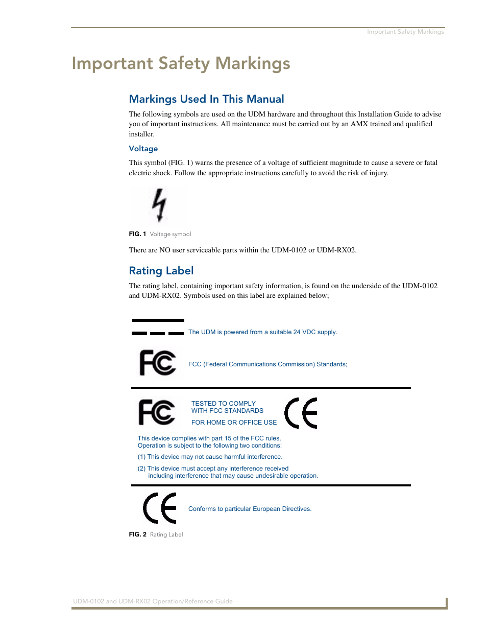 Important safety markings, Markings used in this manual, Voltage | Rating label | AMX UDM-0102 User Manual | Page 5 / 82