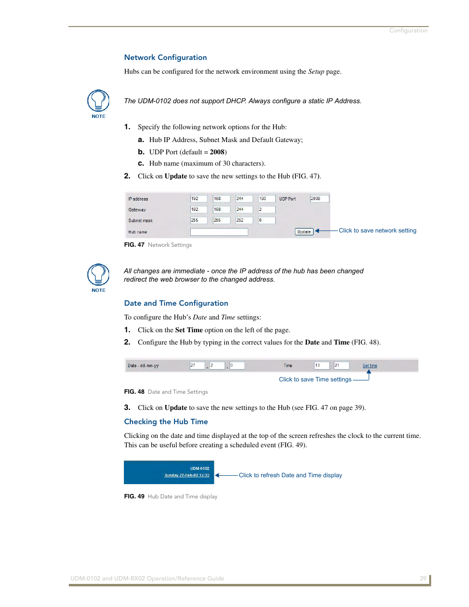Network configuration, Date and time configuration, Checking the hub time | AMX UDM-0102 User Manual | Page 51 / 82