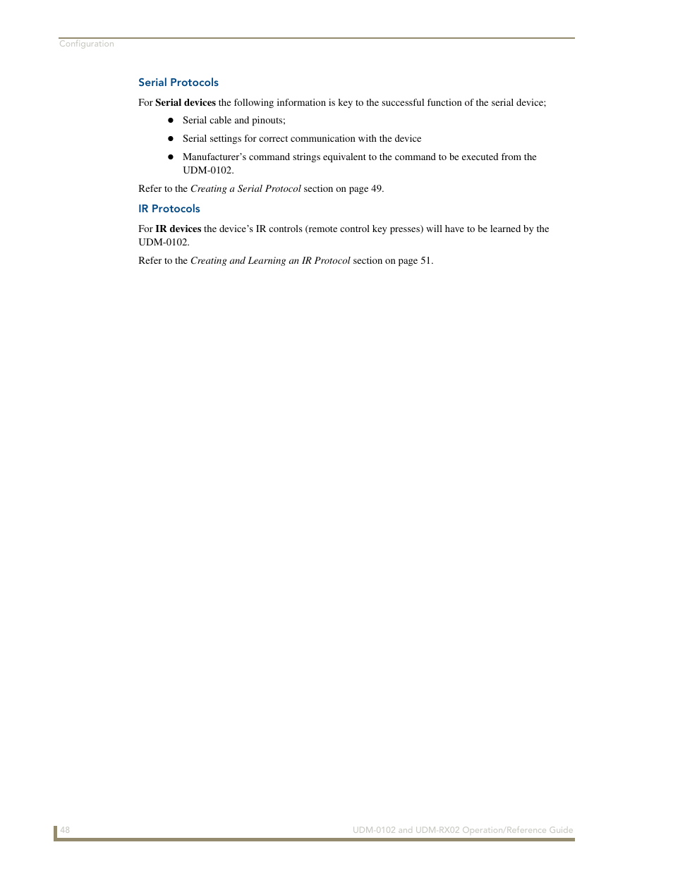 Serial protocols, Ir protocols | AMX UDM-0102 User Manual | Page 60 / 82