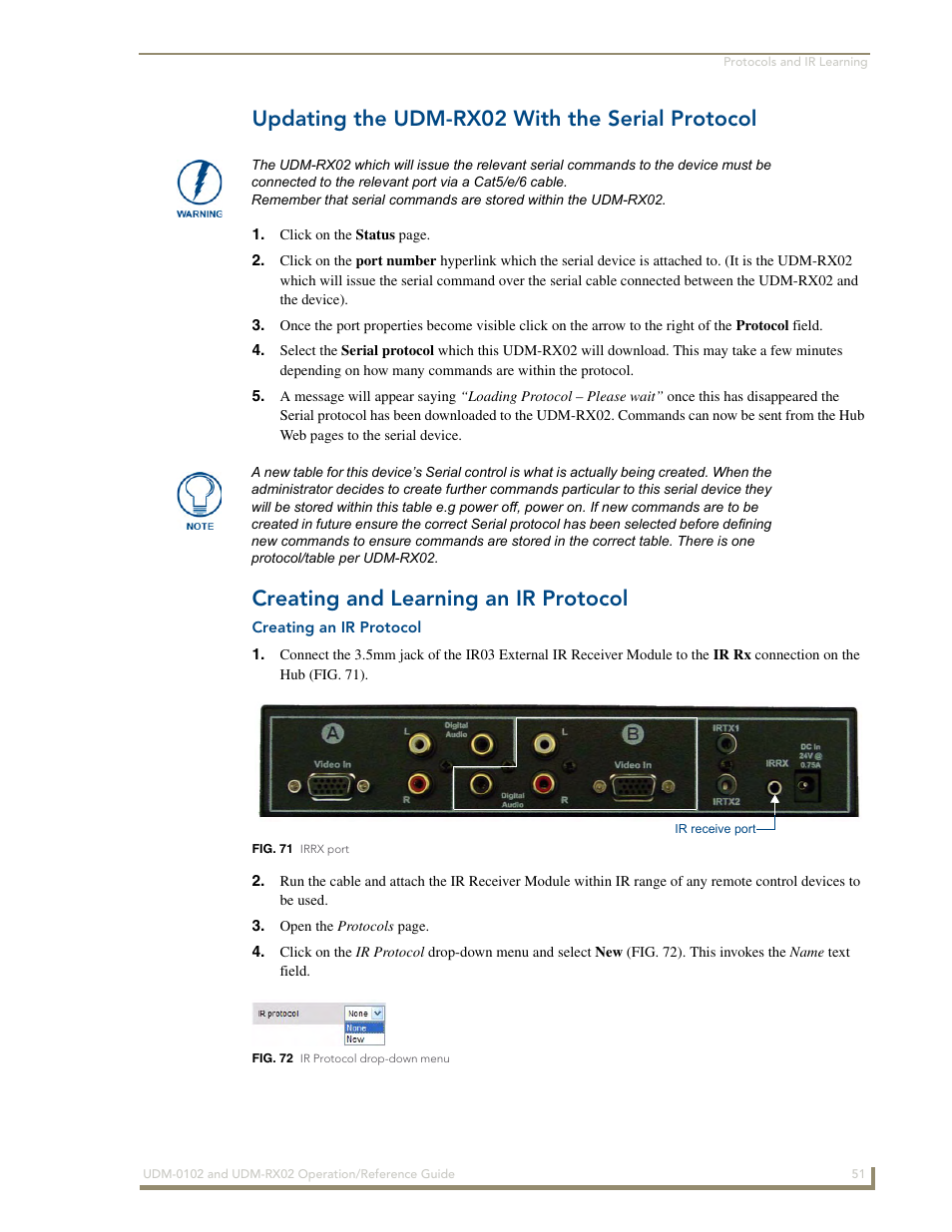 Updating the udm-rx02 with the serial protocol, Creating and learning an ir protocol, Creating an ir protocol | AMX UDM-0102 User Manual | Page 63 / 82