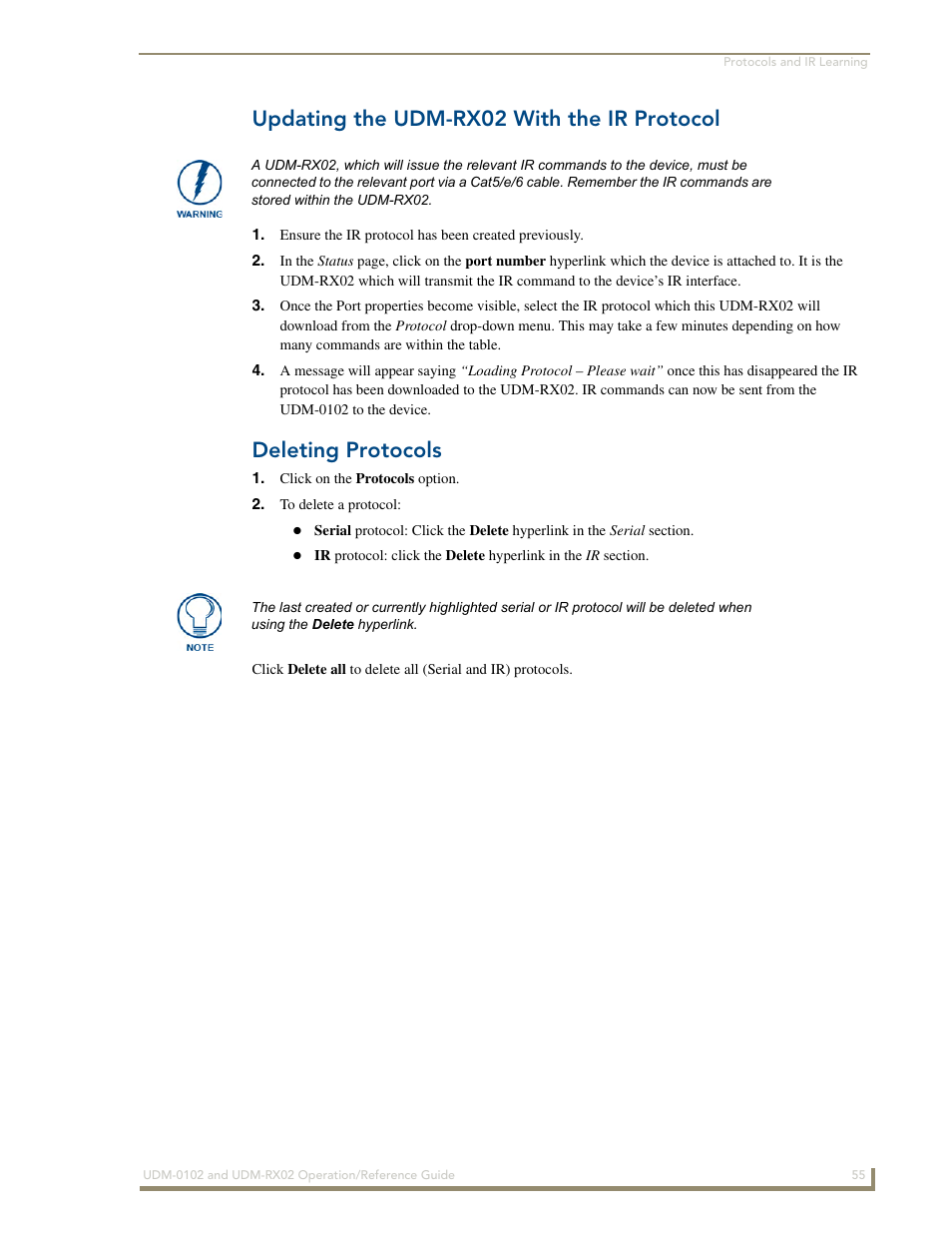 Updating the udm-rx02 with the ir protocol, Deleting protocols | AMX UDM-0102 User Manual | Page 67 / 82
