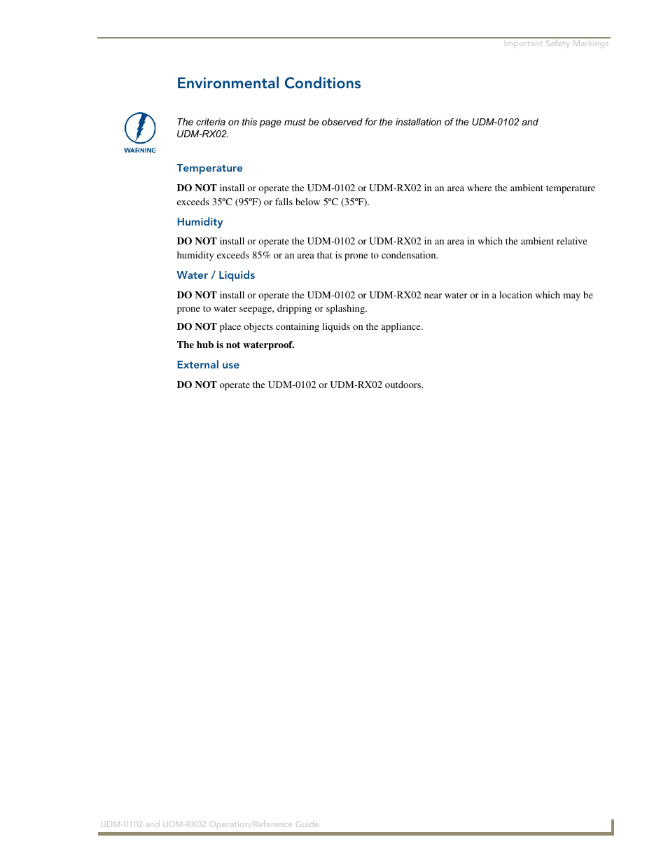 Environmental conditions, Temperature, Humidity | Water / liquids, External use | AMX UDM-0102 User Manual | Page 7 / 82