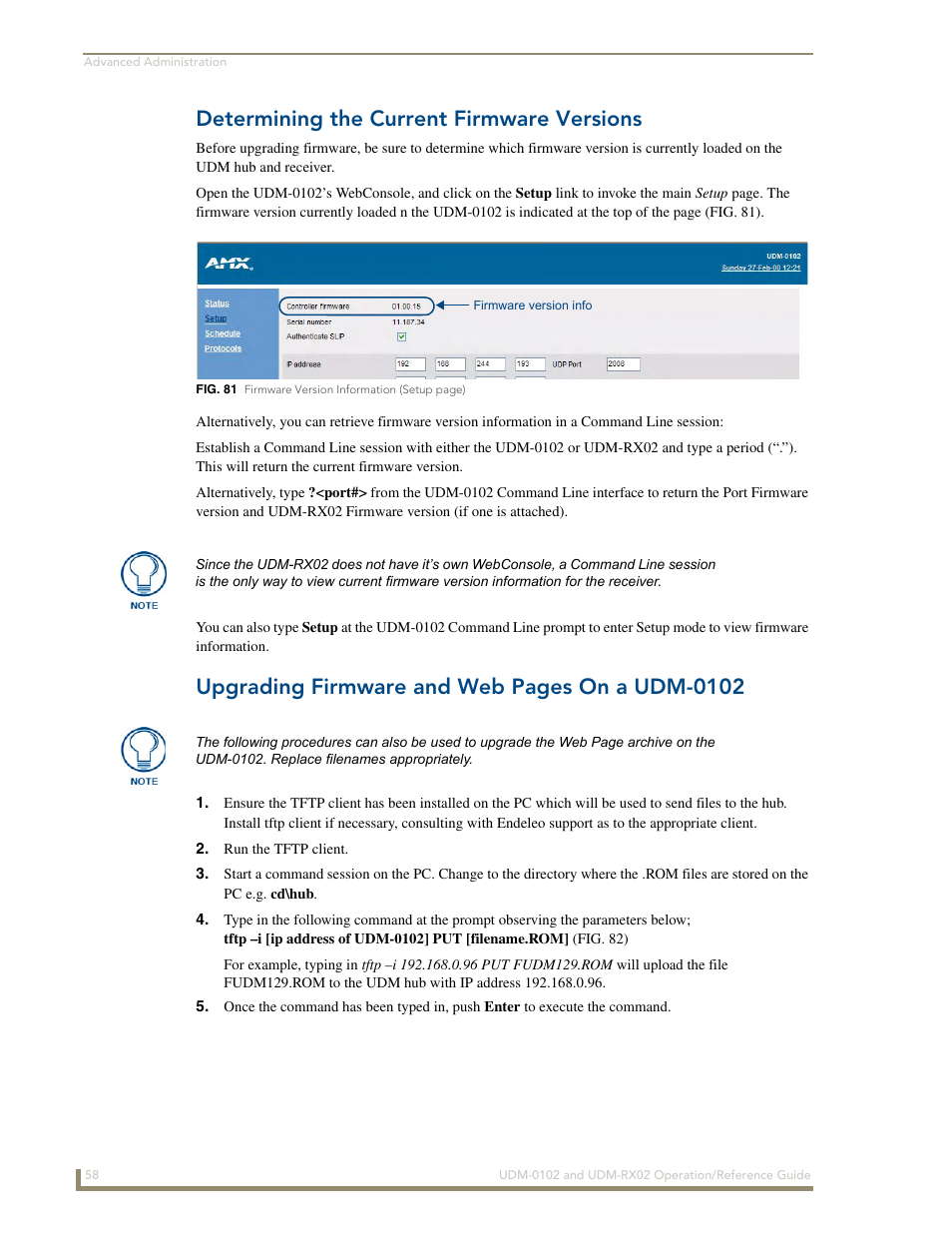 Determining the current firmware versions, Upgrading firmware and web pages on a udm-0102 | AMX UDM-0102 User Manual | Page 70 / 82