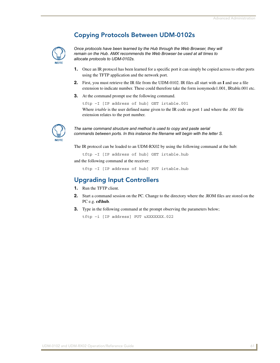 Copying protocols between udm-0102s, Upgrading input controllers | AMX UDM-0102 User Manual | Page 73 / 82