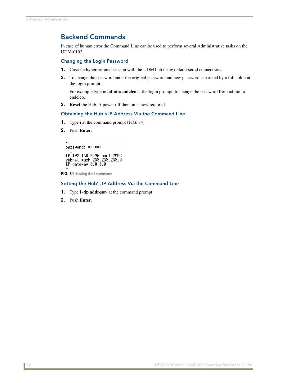 Backend commands, Changing the login password, Setting the hub’s ip address via the command line | AMX UDM-0102 User Manual | Page 74 / 82