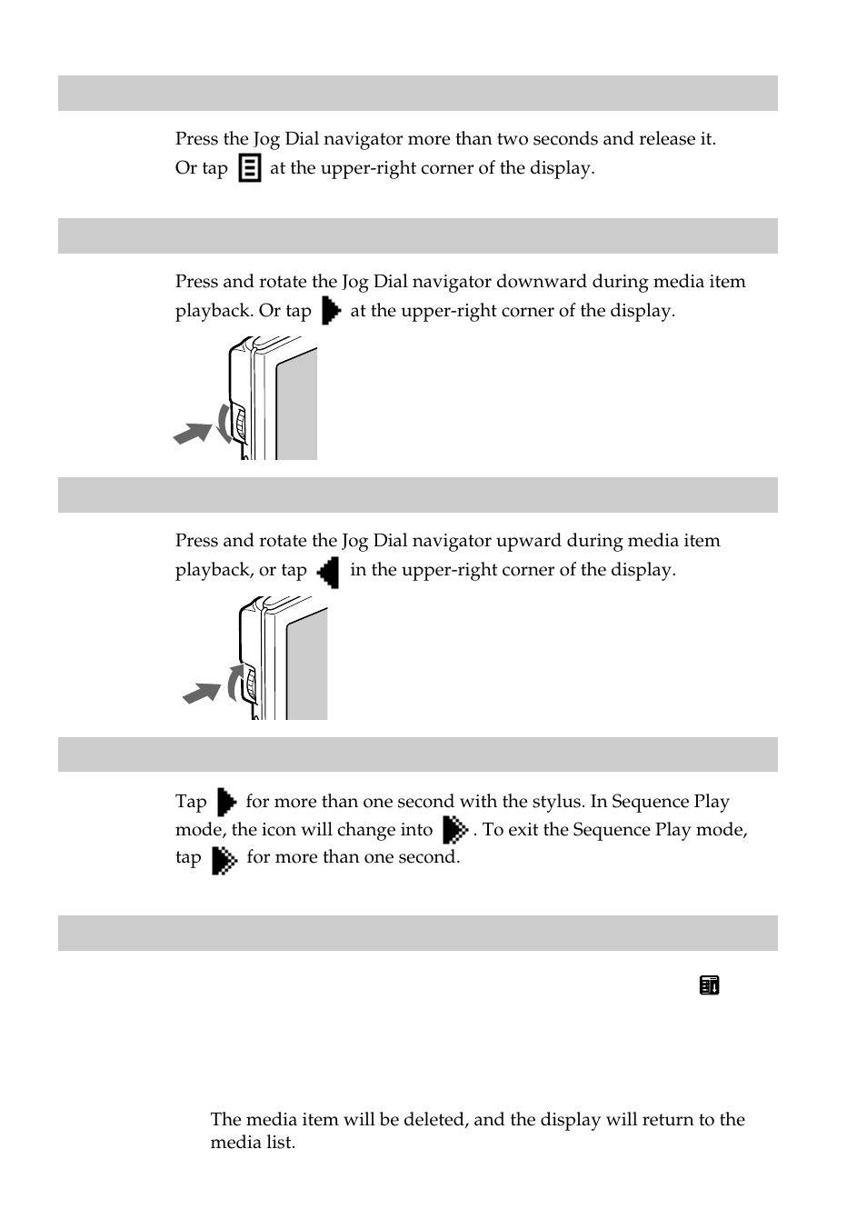 To return to the media list, To play back the next media item, To play back the previous media item | To delete a media item | Sony PEG-S320 User Manual | Page 8 / 14